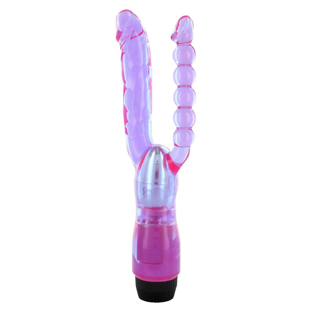 Double Penetrating Vibrator Purple 25 cm διπλός μωβ δονητής πολλαπλών ταχυτήτων με πρωκτικές χάντρες