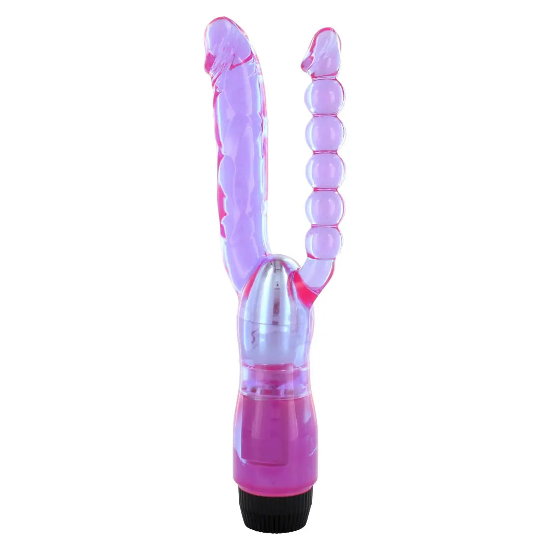 Double Penetrating Vibrator Purple 25 cm διπλός μωβ δονητής πολλαπλών ταχυτήτων με πρωκτικές χάντρες